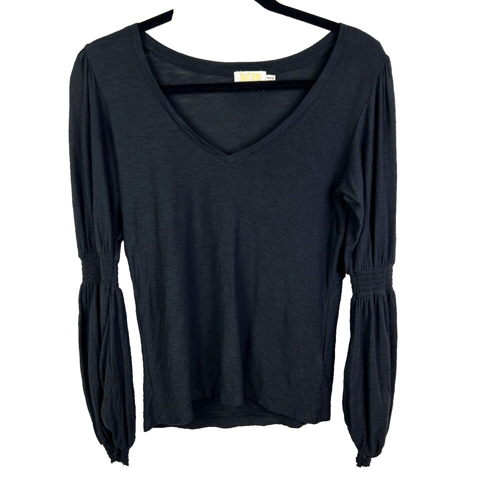 Nation LTD Anthropologie Black Long Ruched Puff Sleeve Top 100% Pima Cotton XS